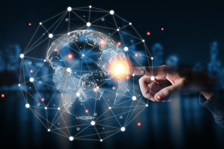 hand touching virtual world with connection network. global data information and technology exchange.